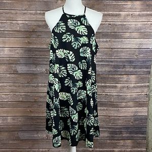 F21+ Black Palm Leaf Halter Midi Dress